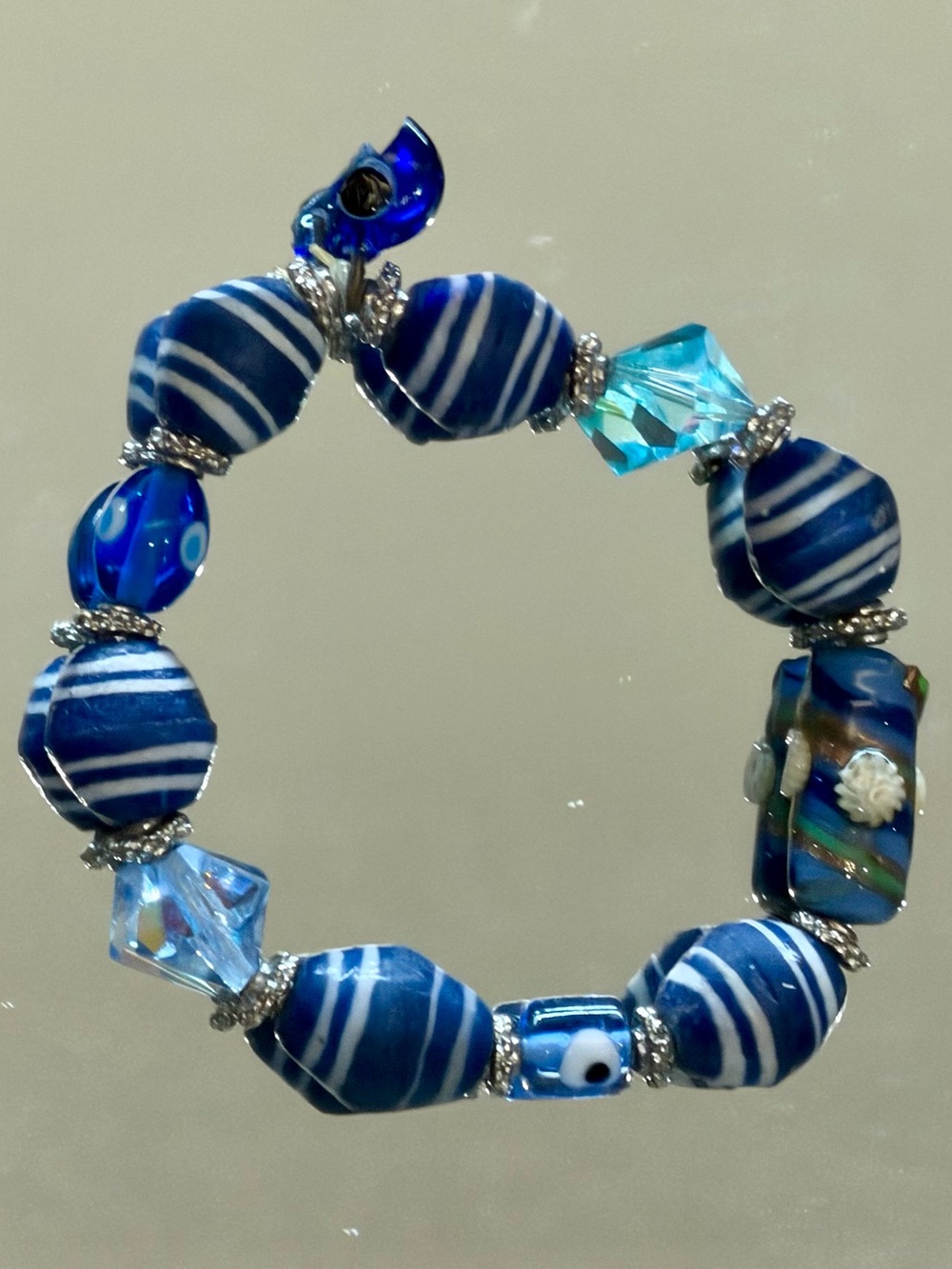 Handmade Blue Striped Glass Bead Stretch Bracelet - Women Jewelry